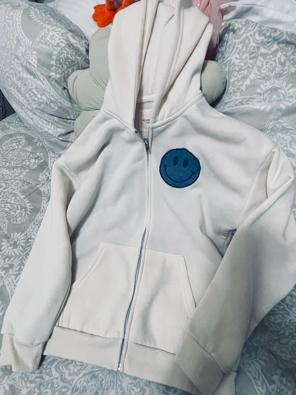 No Comment Kids White Zip Hoodie with Blue Smiley Patch - Youth Zip-Up Jacket